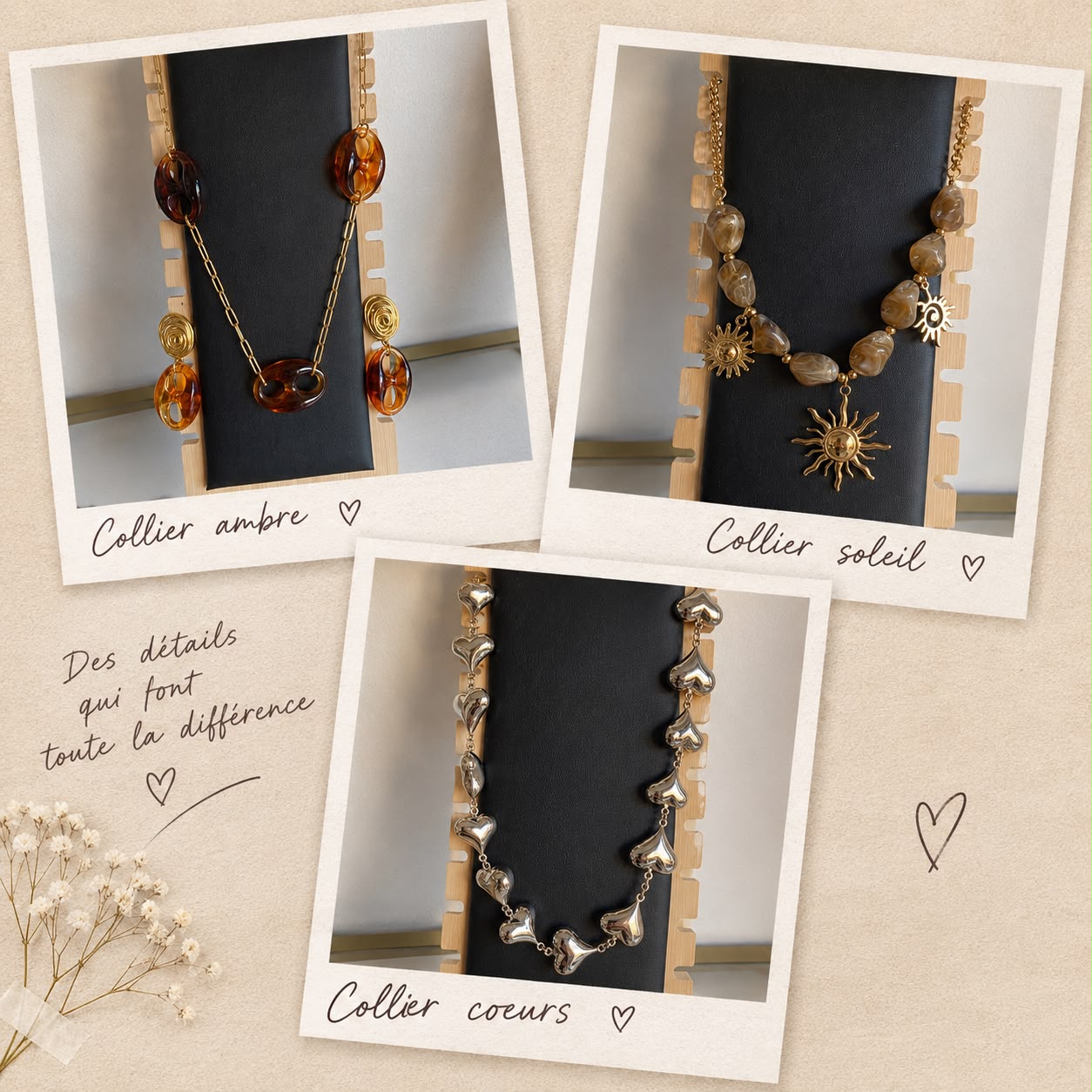 Sélection de colliers ambre, soleil et cœurs JULIE&CO